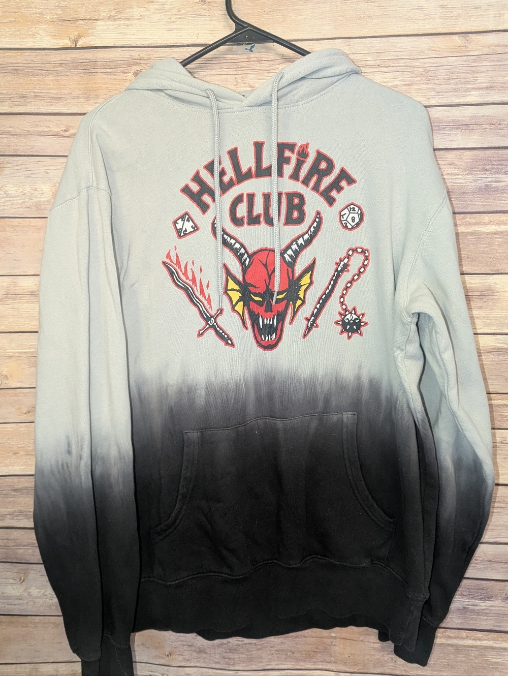 Stranger Things Hellfire Club Hoodie Medium Gray Black Dip Dye Graphic Sweatshir